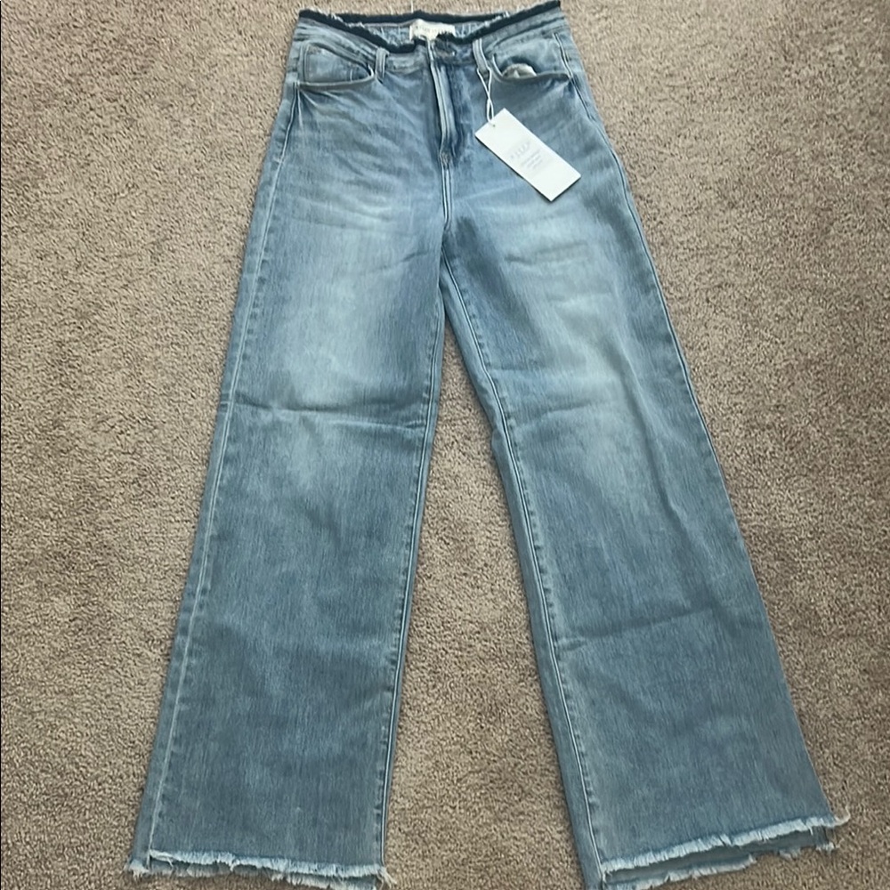 Blue Flare Wide Leg High-Waisted Jeans with Frayed Hem